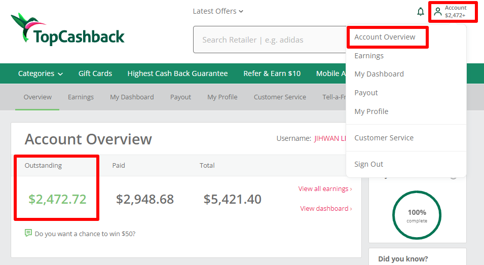 TopCashback Account Overview